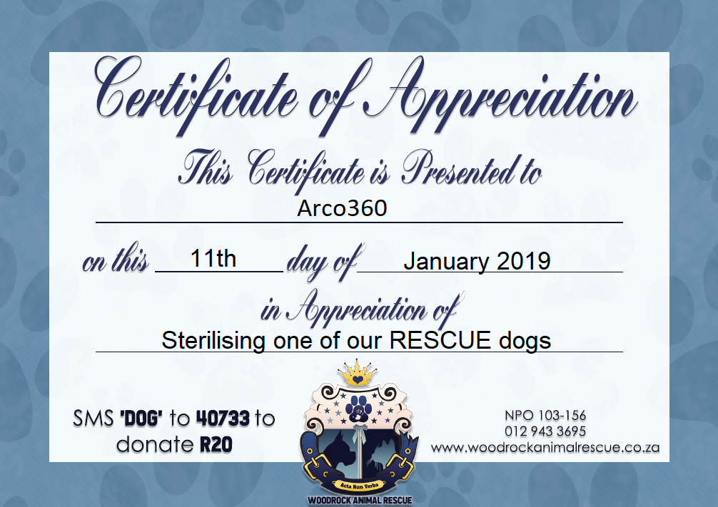 Image of Arco Woodrock Animal Rescue Certificate - 11 Jan 2019